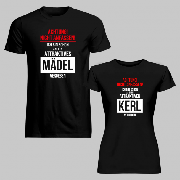 Set für Paare: Achtung, nicht anfassen! - Herren- und Damen-T-Shirt mit Aufdruck Set für Paare: Achtung, nicht anfassen! - Herren- und Damen-T-Shirt mit Aufdruck